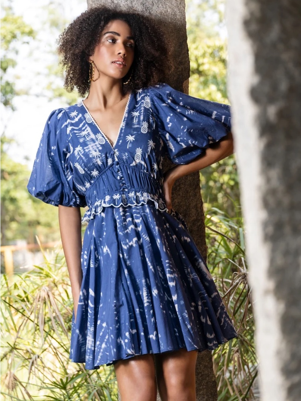 Emily Lovelock Andrea Tropical Palm Tree Pineapple Puff Sleeve Twirly Mini Dress